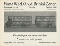 712796 Visitekaart van het verhuisbedrijf de firma Wed. G. v.d. Brink & Zonen, Goedestraat 114-116 te Utrecht